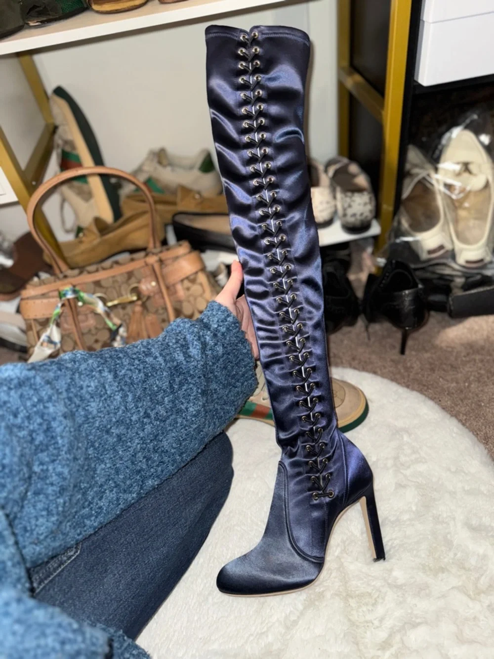 NEW Jimmy Choo Marie 100 Navy Satin Lace Up Over The Knee Boots 35 US 5